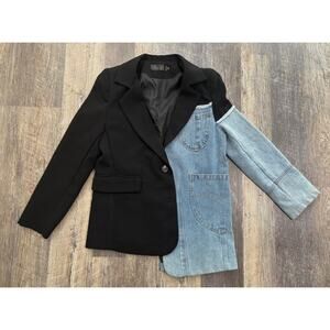 Boutique JIEAN Two-Tone Blazer with Denim and Black Fabric Size Medium